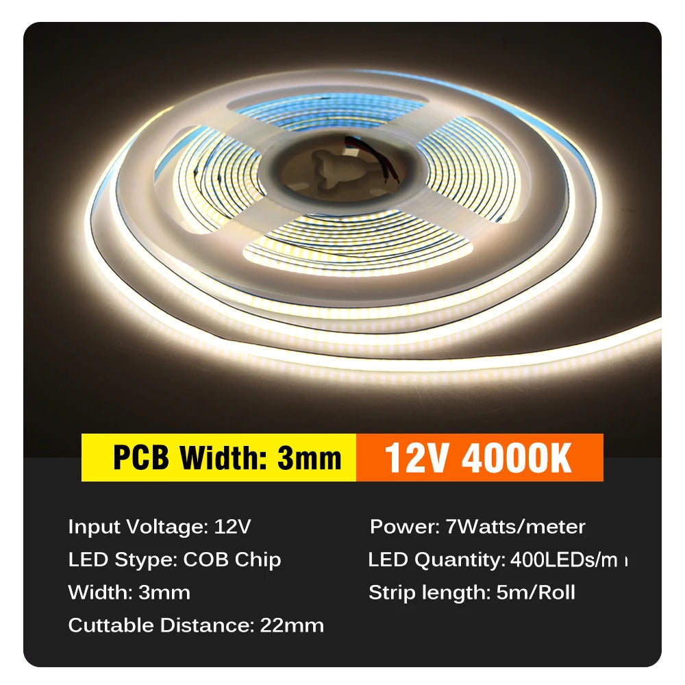 ruban led cob blanc 3mm 5mm 12v 24v lisse moderne connecteurs 5mètres rouleau