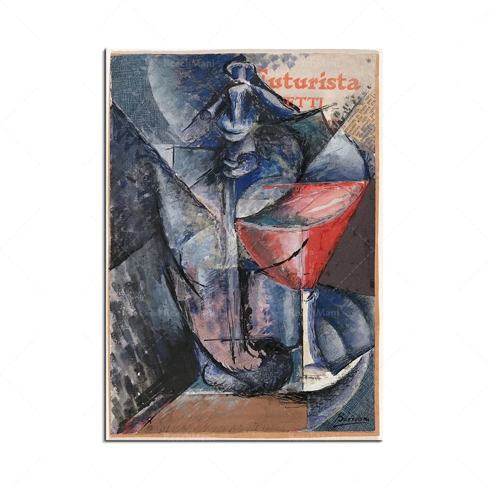 Ce tableau coloré et surréaliste représente une scène abstraite avec des figures et des formes géométriques dans des tons bleutés et rouges.