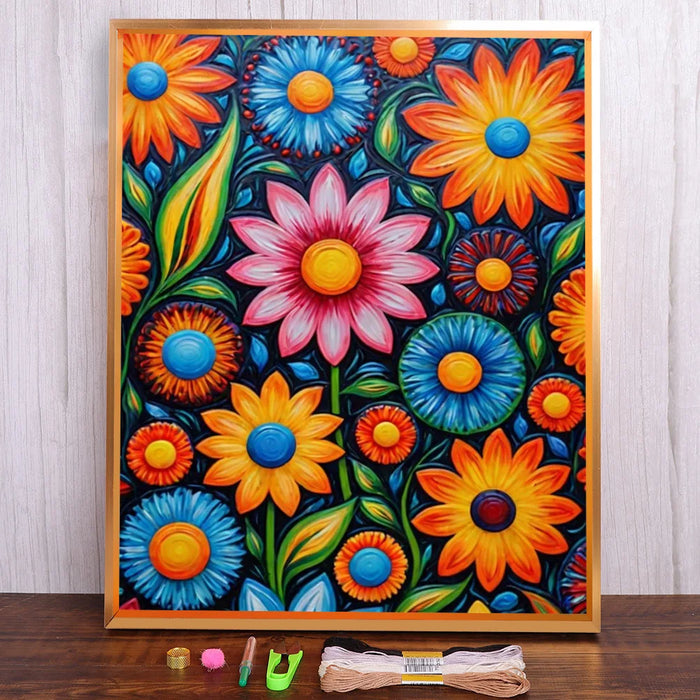 toile broder fleurs stylisées 11ct 14ct multicolore aiguille ruban guide couleurs package moderne art