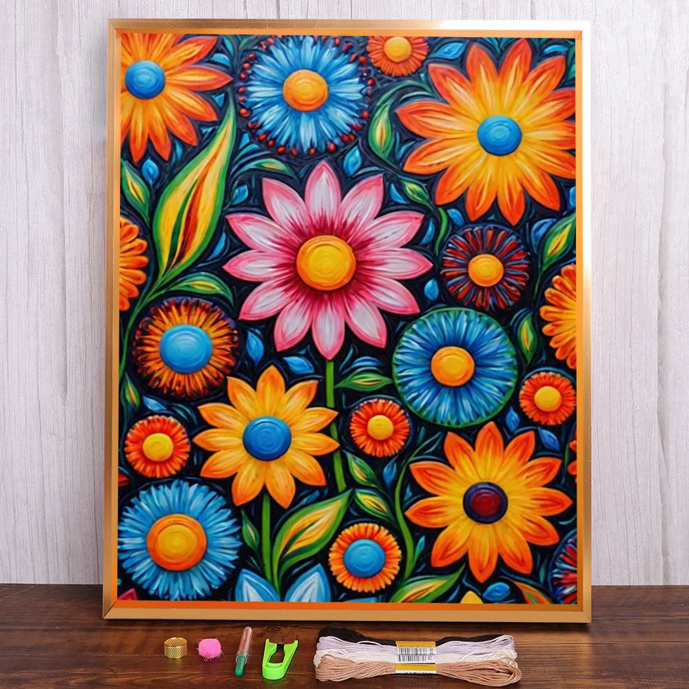toile broder fleurs stylisées 11ct 14ct multicolore aiguille ruban guide couleurs package moderne art