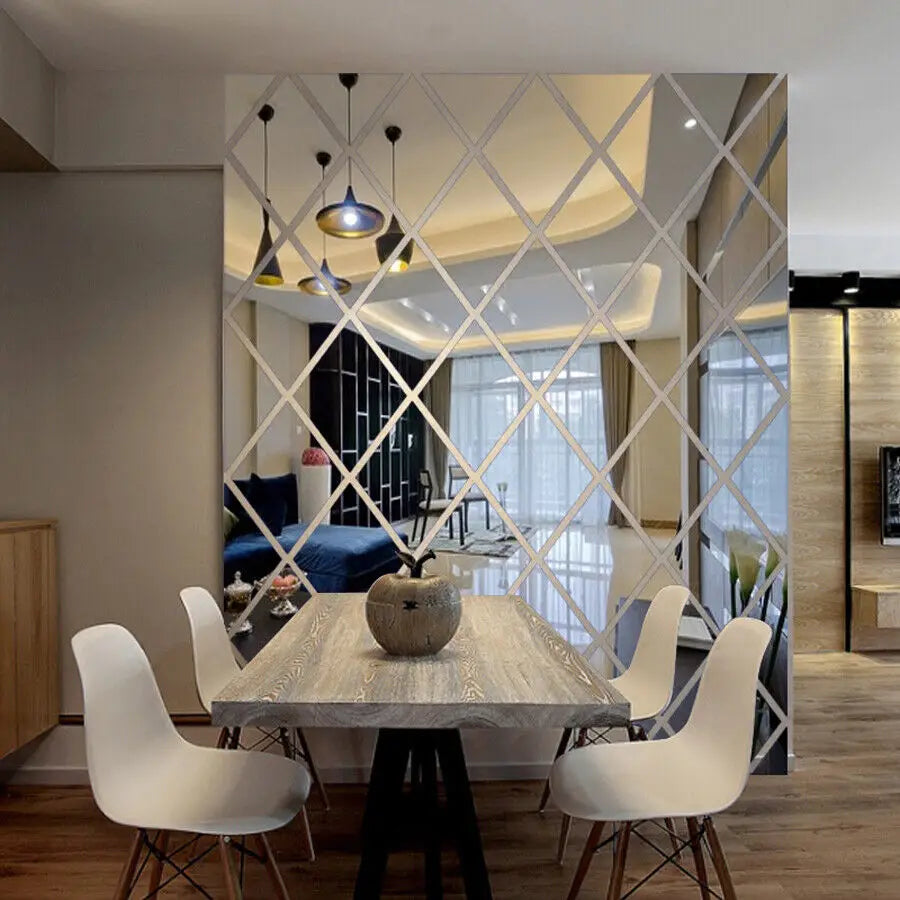 miroir blanc carreaux géométriques moderne adhésif mural sans cadre