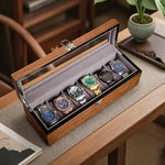 boîte montres 10 slots bois marron velours gris verre transparent classique clips verrouillage