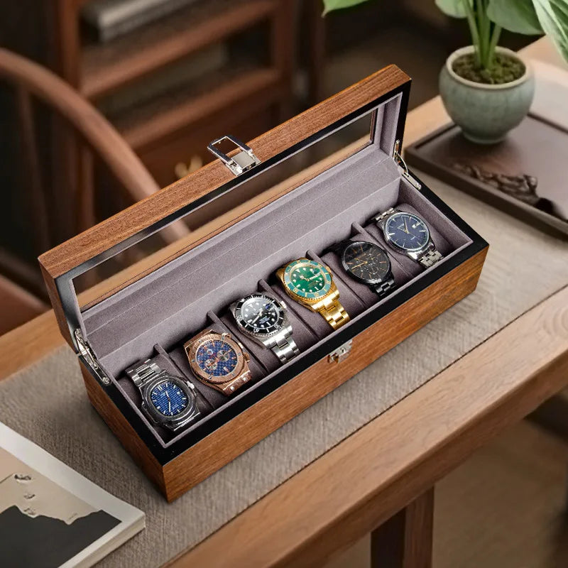 boîte montres 10 slots bois marron velours gris verre transparent classique clips verrouillage