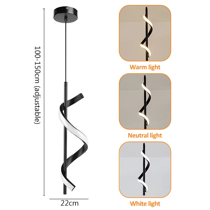 Suspension lumineuse moderne spirale noire blanche ajustable 100 150cm salon chambre