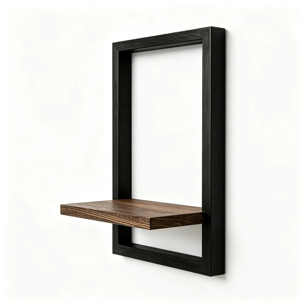 étagère murale bois noir minimaliste suspendue plantes bougies diffuseurs décoration chambre entrée art