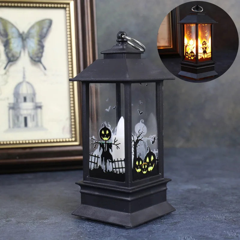 Lanterne décorative halloween noir citrouille fantôme chauve souris verre translucide vintage anneau métallique