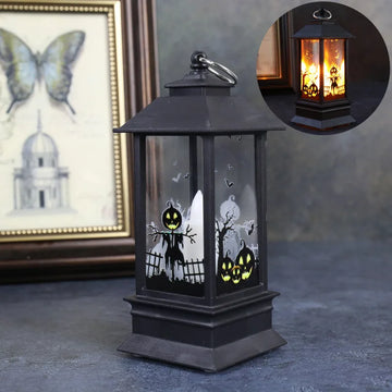 Lanterne décorative halloween noir citrouille fantôme chauve souris verre translucide vintage anneau métallique