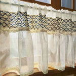 rideau lin beige noir broderie géométrique bordure dentelle classique vintage translucide cuisine fenêtre