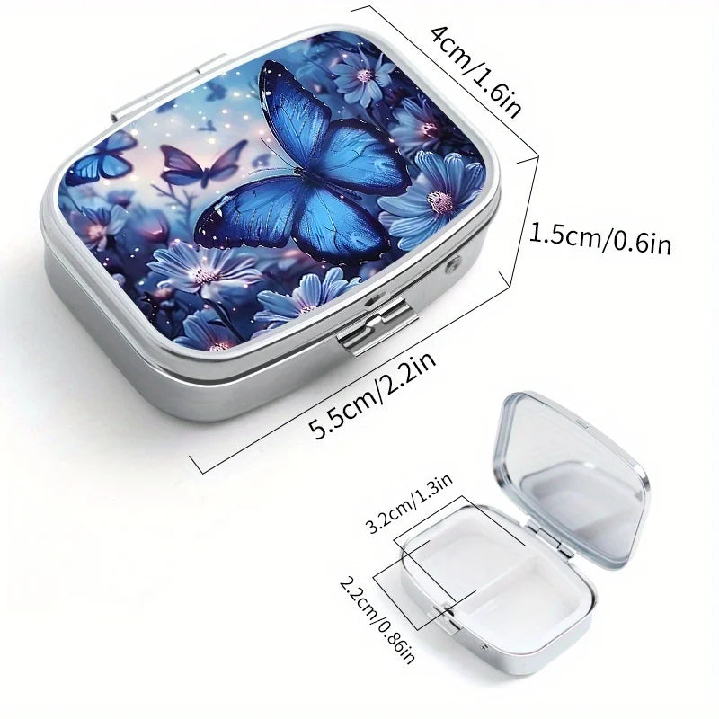 boîte pilules miroir papillons bleus fleurs moderne élégante opaquée compartiments organisés portable