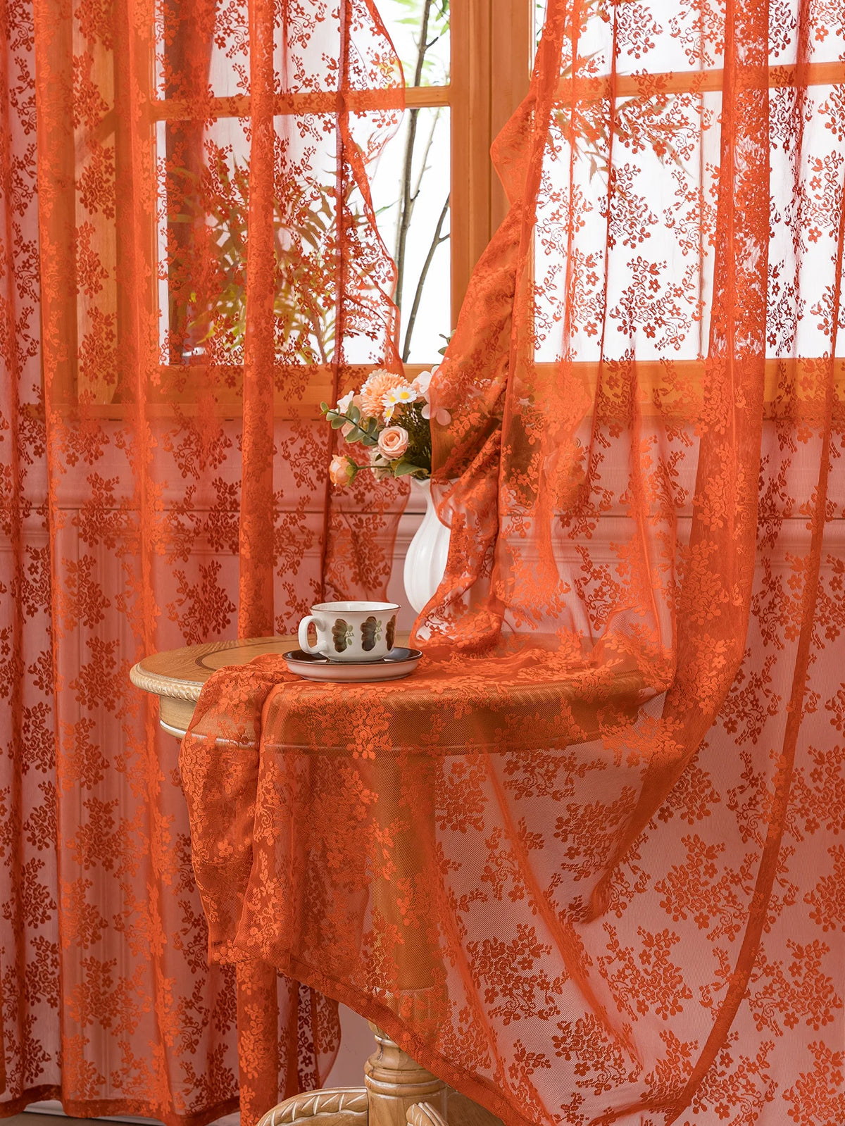 rideau fleuri orange transparent classique décoration intérieure maison hospitalière polyester