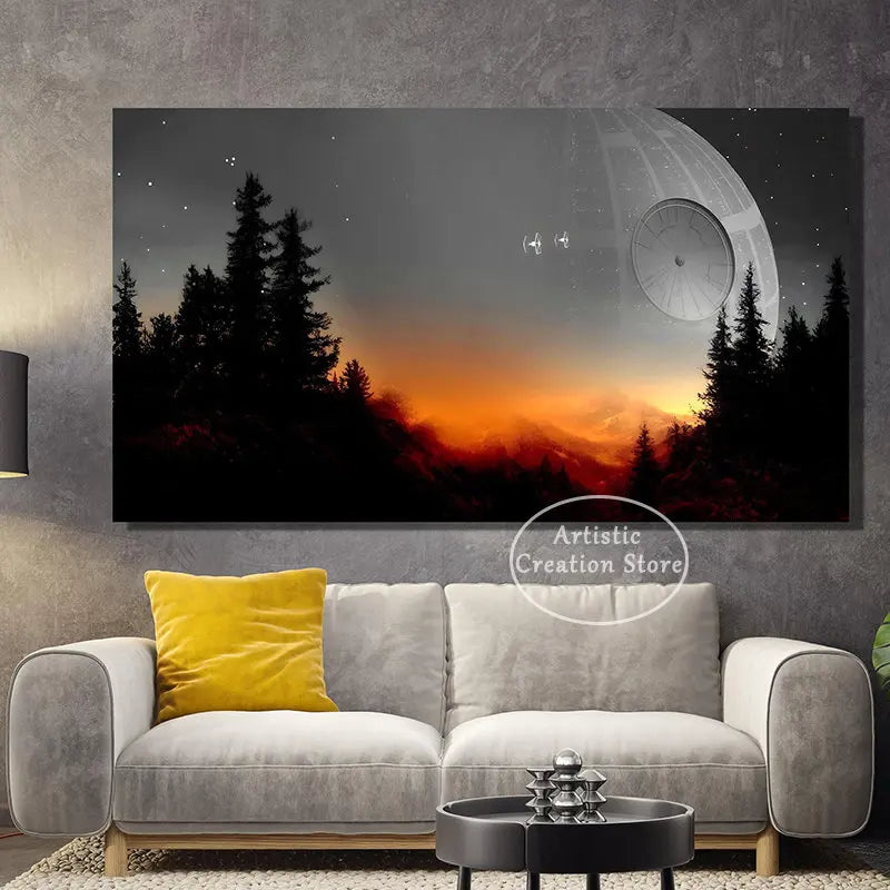 toile d'art moderne paysage nocturne étoiles station spatiale clips noir blanc orange