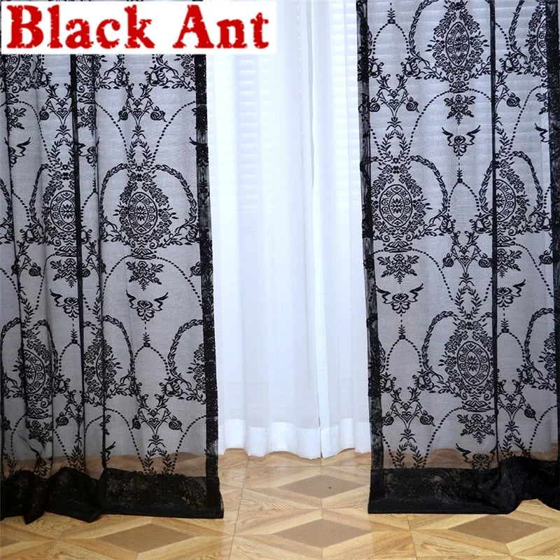 rideau noir blanc floral ajouré translucide classique élégant anneaux métalliques mur rideau fenêtre
