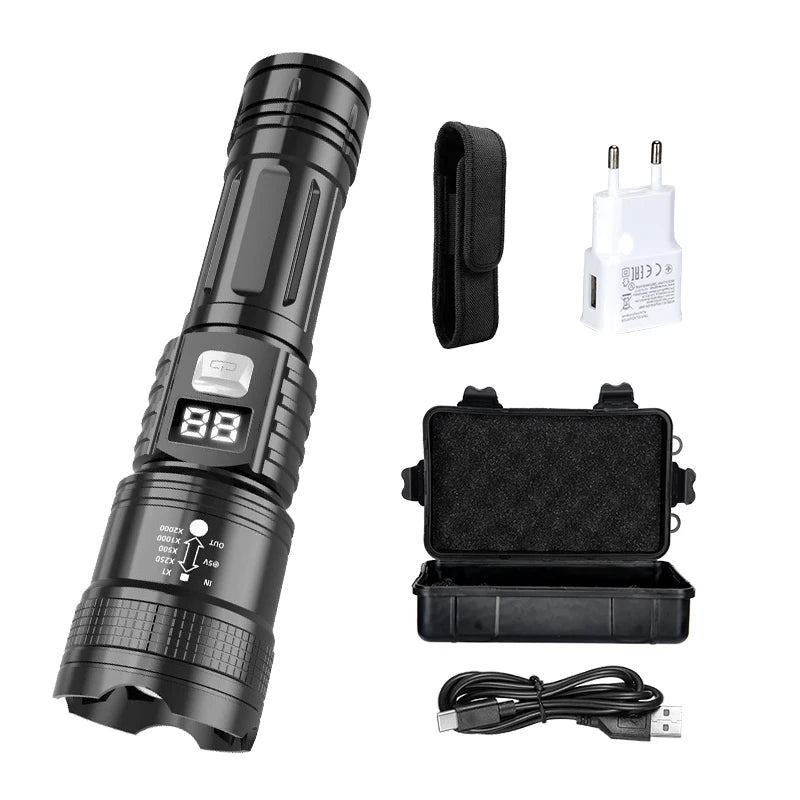 lampe torche led rechargeable zoom télescopique lumière intense mode réglable rainures antidérapantes noire moderne
