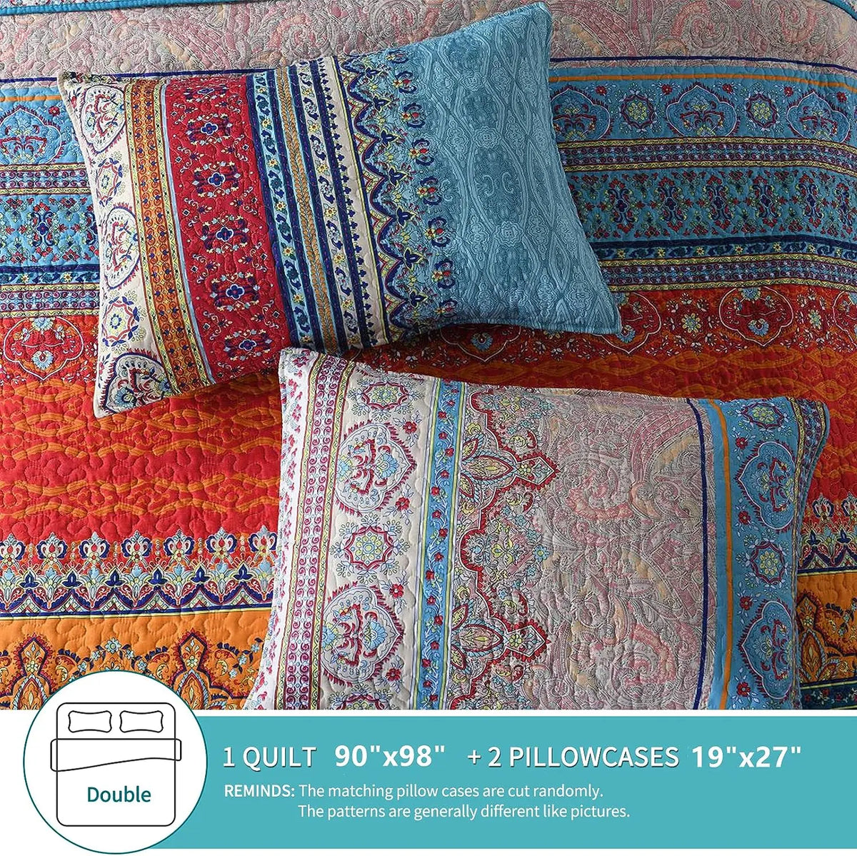 couvre lit boho chic motifs ethniques 100% coton bleu rouge orange beige blancversible
