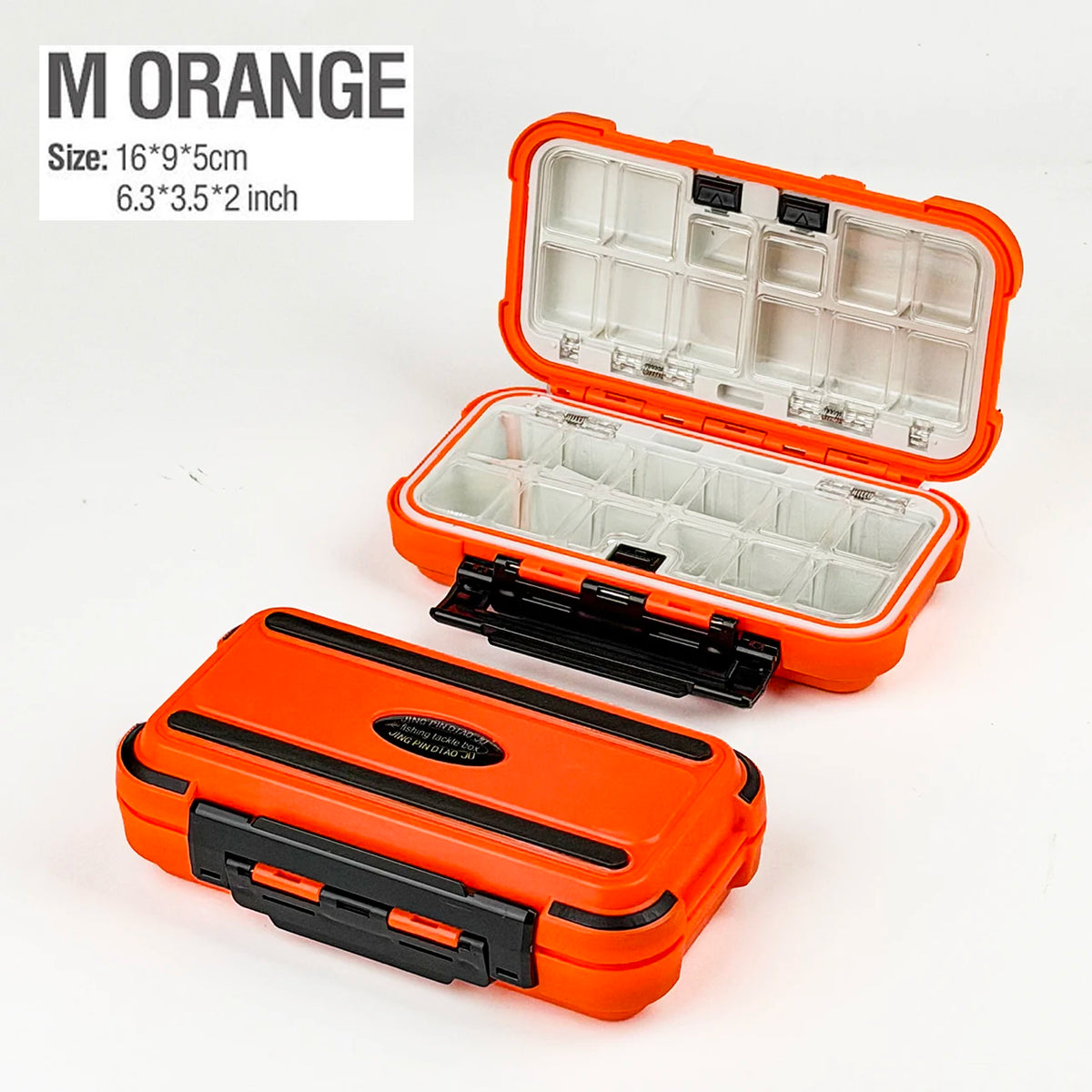 boîte rangement pêche pratique robuste compartiments transparents texture mat poignée noire orange noir