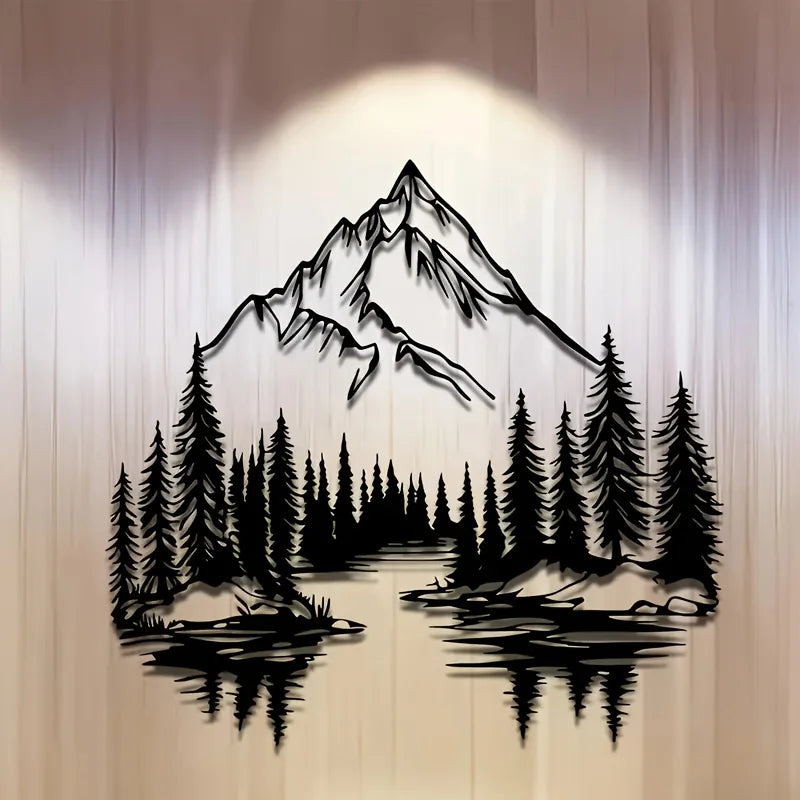 tableau mural noir paysage montagneux arbres lac montagne enneigée graphique minimalisteintérieur décoration salon