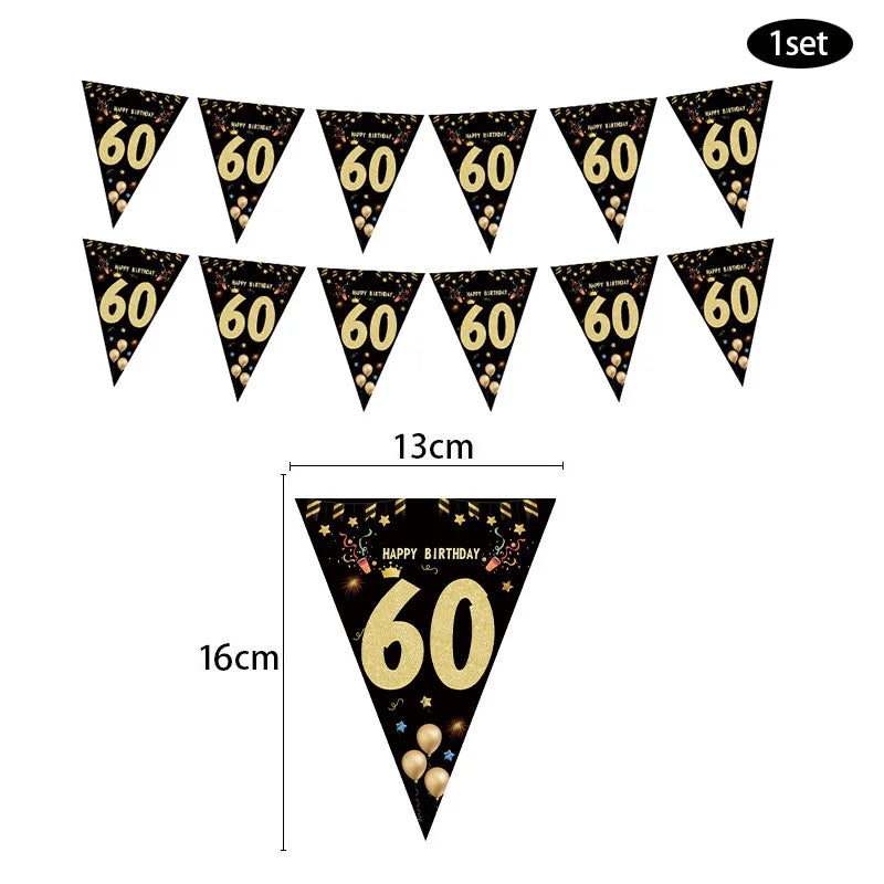 fanions anniversaire 30 40 50 60 ans noir doré confettis happy birthday festifs