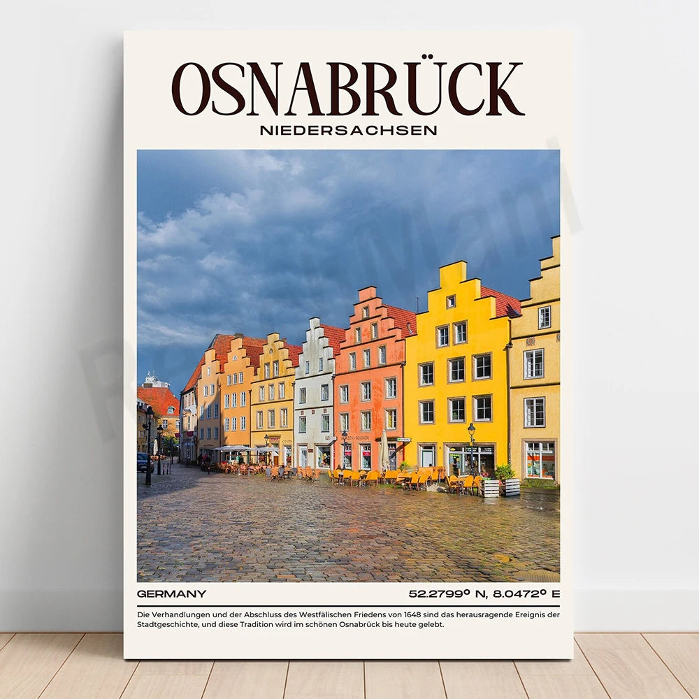 La vieille ville pittoresque d'Osnabrück en Allemagne, avec ses maisons aux couleurs vives, ses rues pavées et son ciel nuageux, offre une vue charmante et authentique de cette destination allemande.