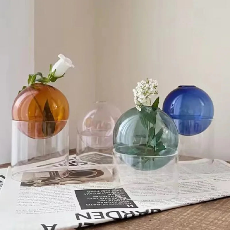 vases sphériques transparents moderne vert rose orange bleu fleurs artificielles hydroponique ecologique