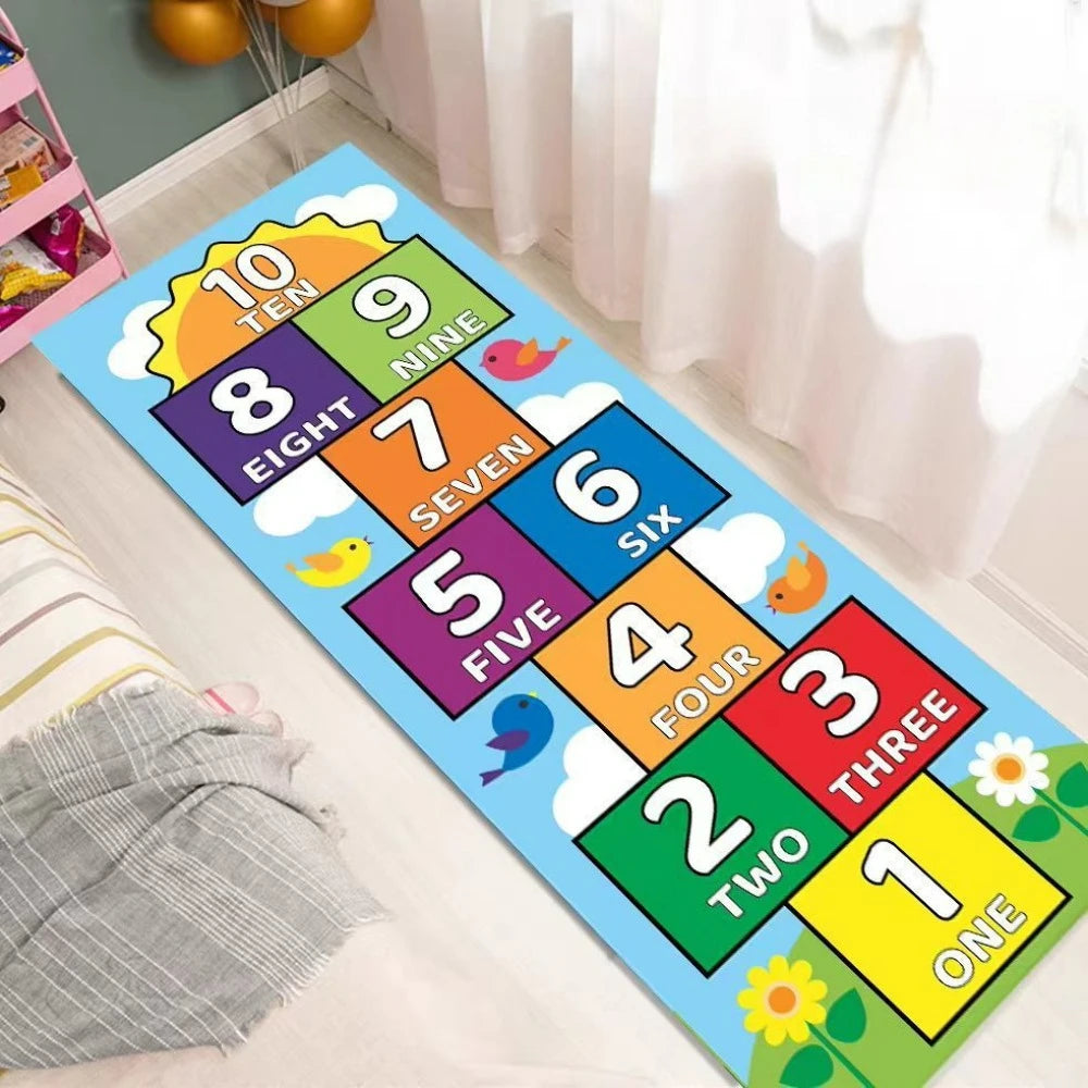 tapis enfant fleurs numéros géométriques bleu vert orange jaune rose polyester antidérapant moderne chambre