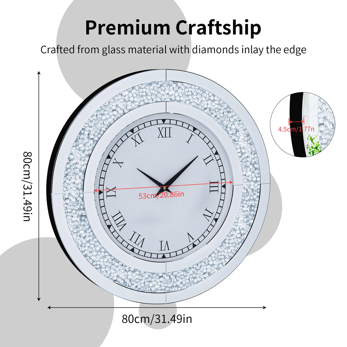 horloge murale moderne or strass 80cm quartz aiguille miroir salon