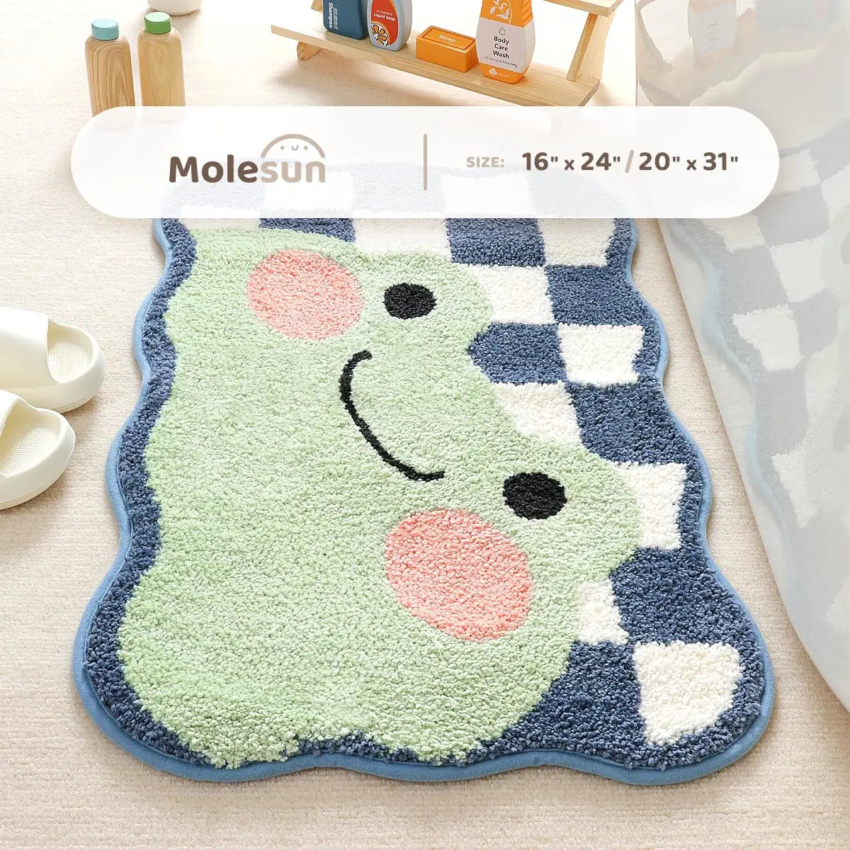 tapis bain antidérapant polyester feutre décoratif carreaux géométriques souriant vert clair bleu marine