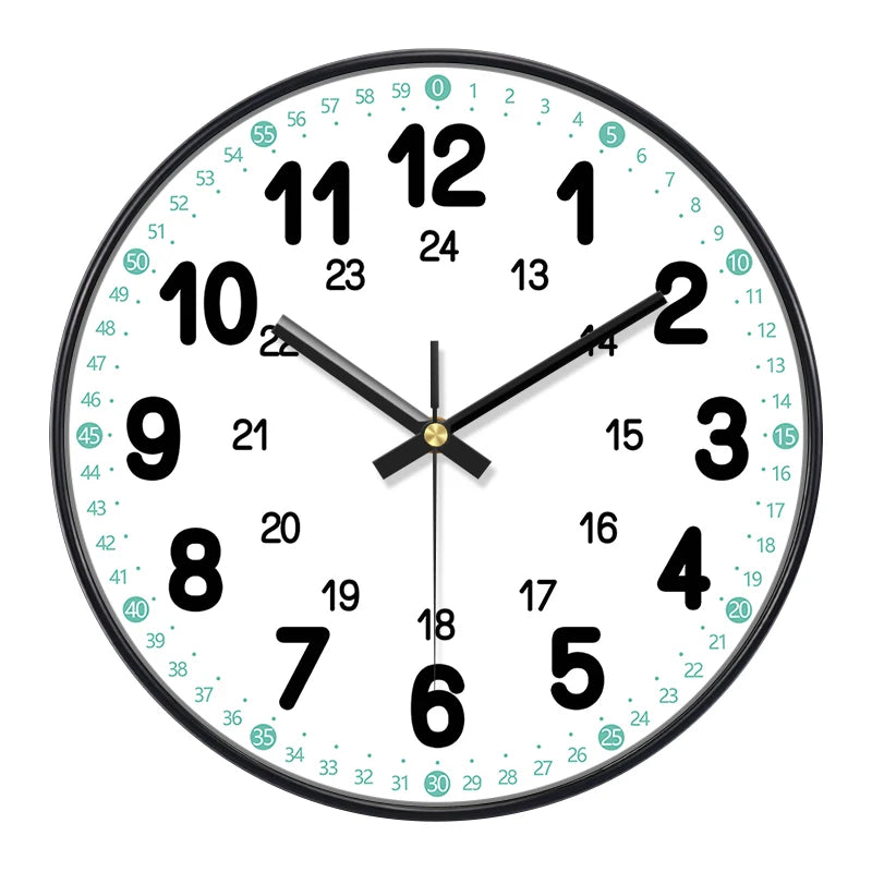 horloge murale ronde aiguille quartz cadran blanc chiffres noirs cadre noir moderne classique