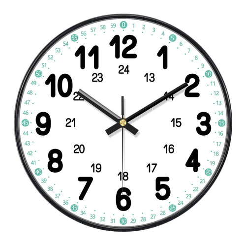 horloge murale ronde aiguille quartz cadran blanc chiffres noirs cadre noir moderne classique