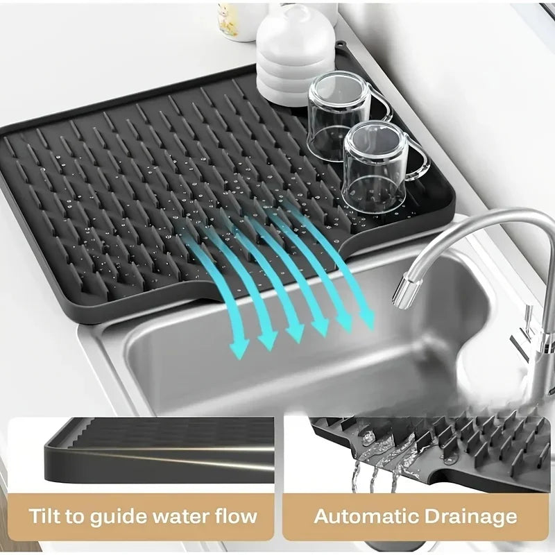 tapis séchage vaisselle silicone noir rayures diagonales moderne assainissement facile comptoir évier refroidisseur