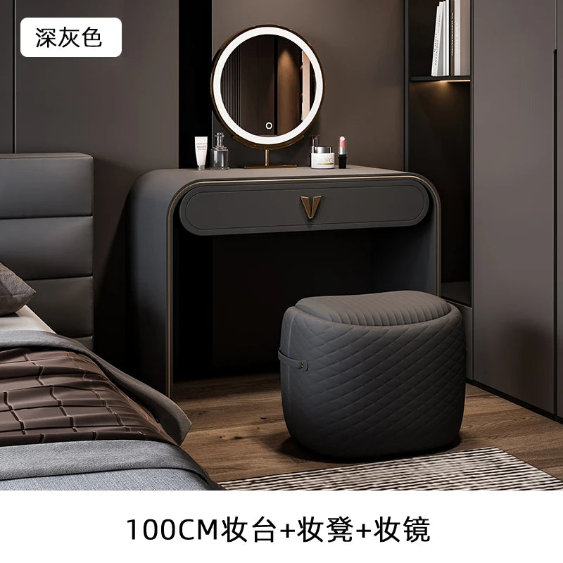 coiffeuse moderne maquillage miroir lumineux tabouret compartiments tiroirs étagère arrière beigeclair minimaliste