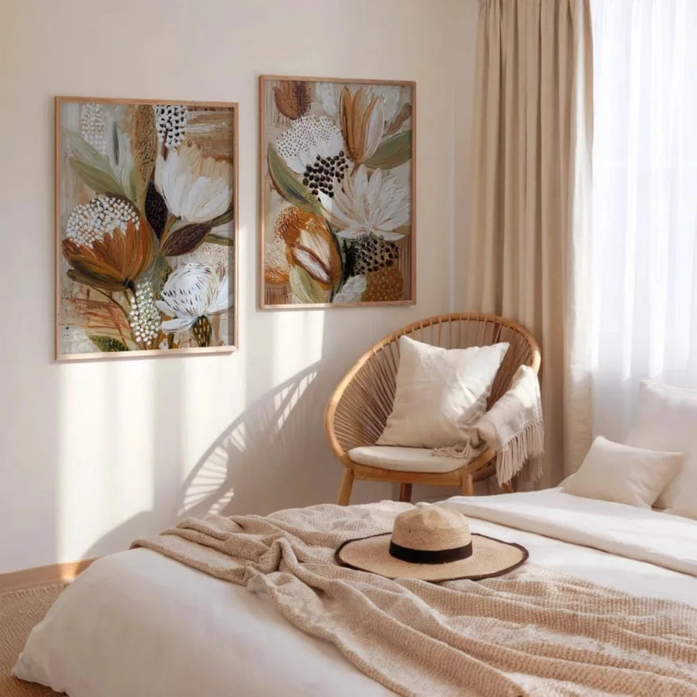 toile d'art abstraite fleurs feuilles moderne minimaliste beige marron blanc vert sans cadre