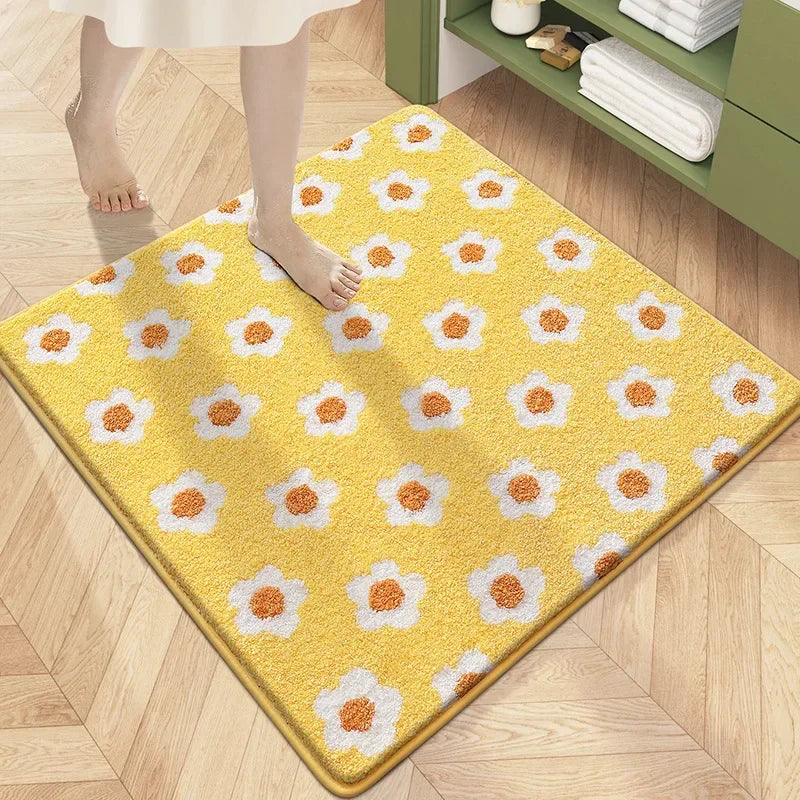 tapis bain microfibre carré motif fleurs moderne doux absorbant salle bain vert blanc