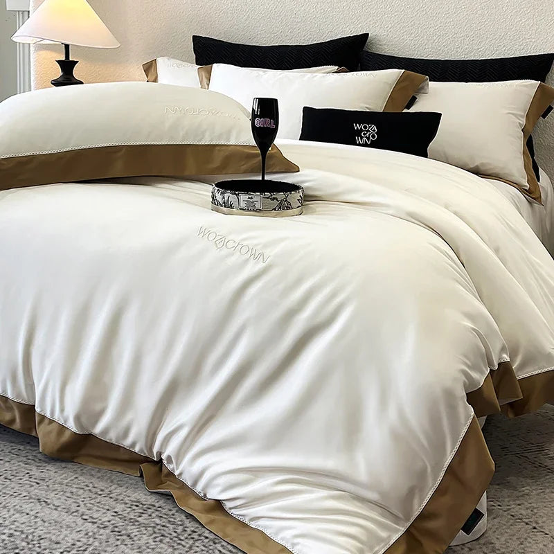 parure lit luxe coton lyocell satiné housse couette drap plat taies oreillers blanc