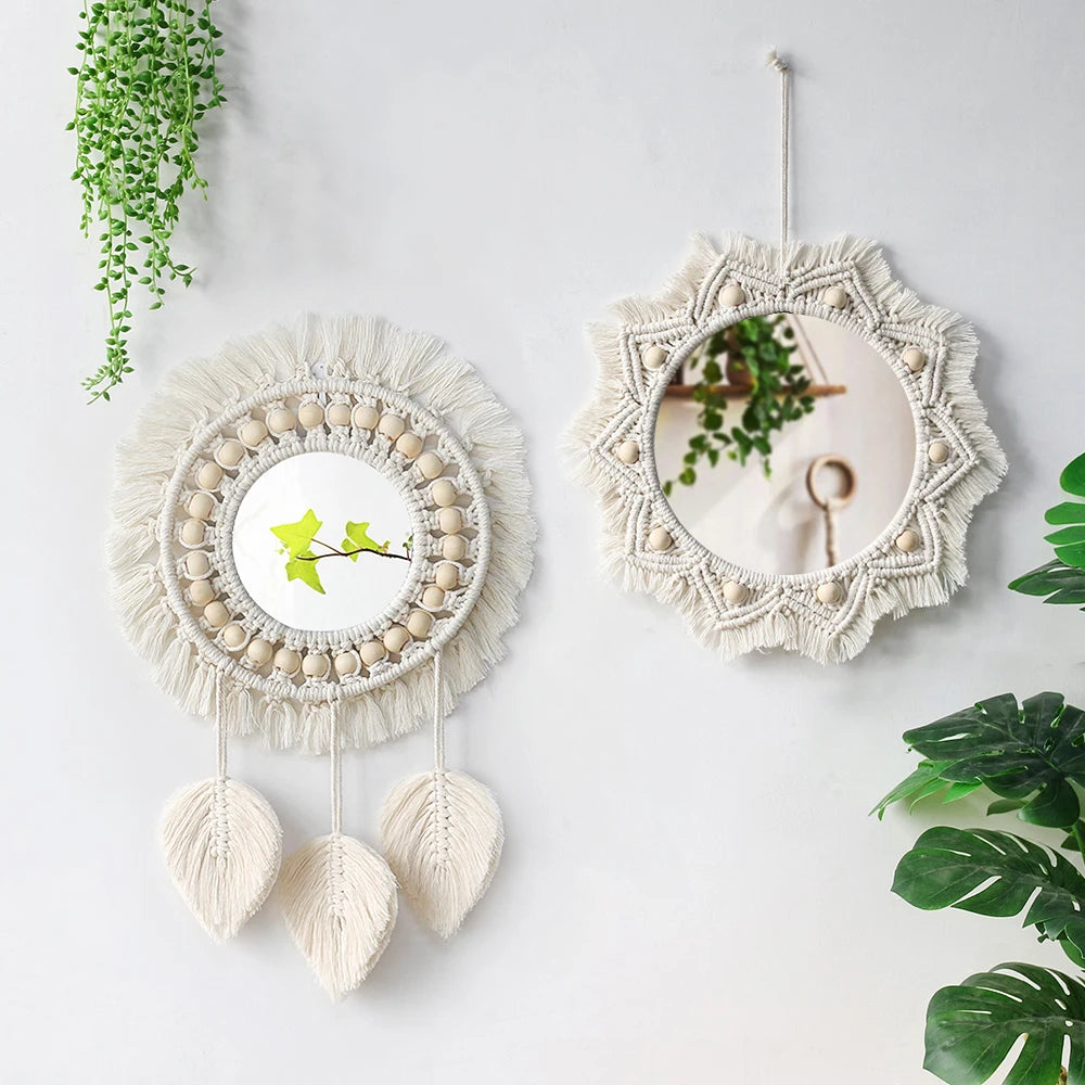 miroir décoratif boho blanc beige macramé franges artisanal
