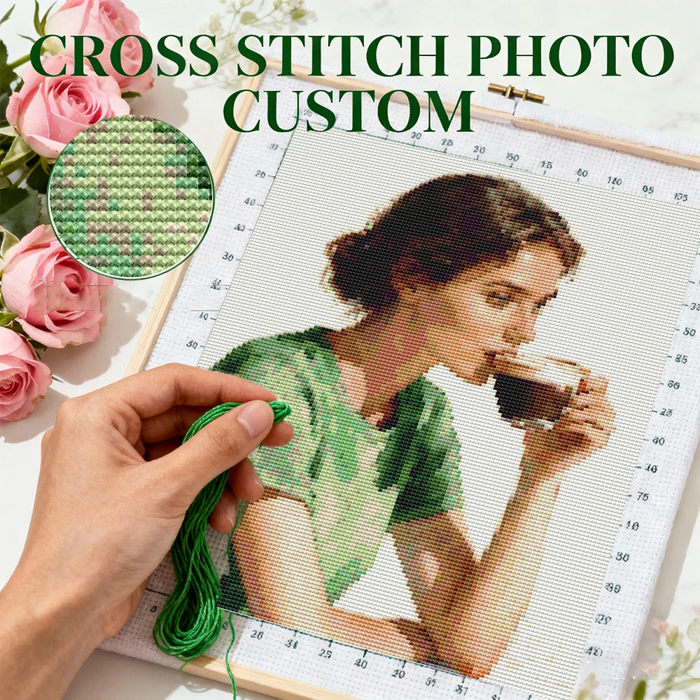 broderie tissu aida portrait fleurs animaux visage humain coton artisanal aiguilles multicolore vert blanc