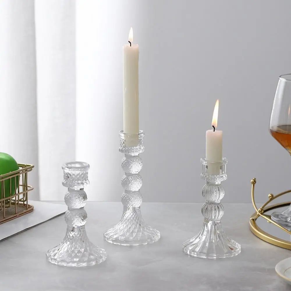bougeoir verre transparent classique gravures opaques support bougies rond durable