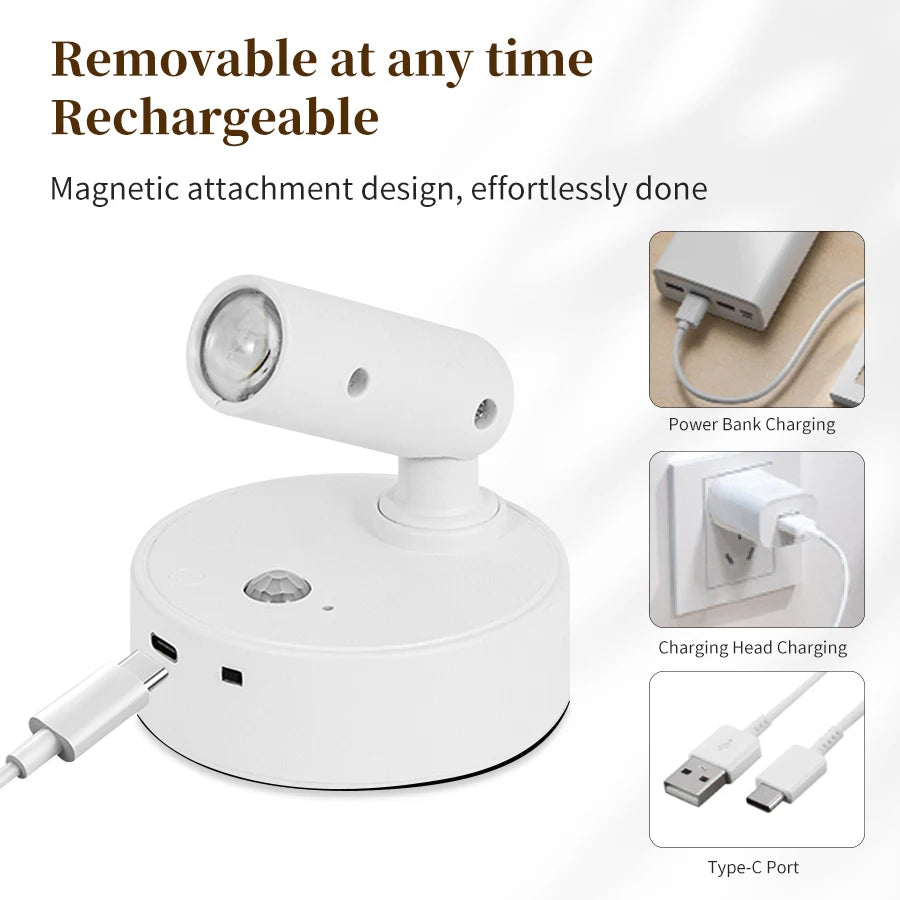 projecteur led rechargeable télécommande 360° détection présence mur blanc moderne minimaliste port type