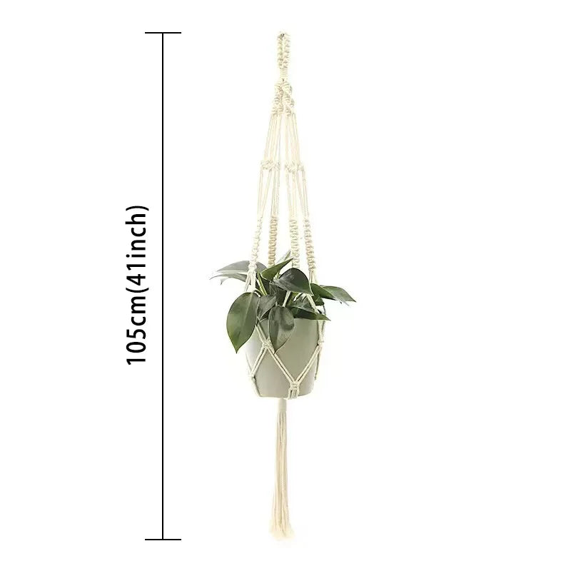 support plante suspendue macramé boho panier blanc noeuds réguliers artisanal pot fleuri