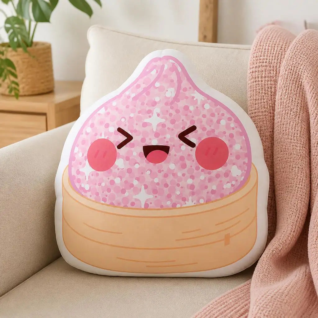coussin 3d rose glitter visage kawaii forme bao deco intérieure coussin siège 40cm polyester