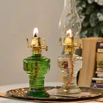 lampe huile verte verre transparent fleur gravée ancienne vintage coton cire aiguilles