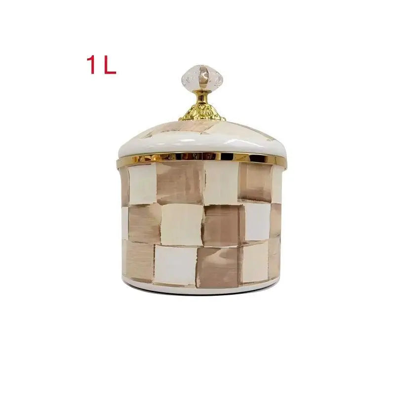 contenants cuisine porcelaine émaillée carreaux géométriques bleu blanc rose classiques