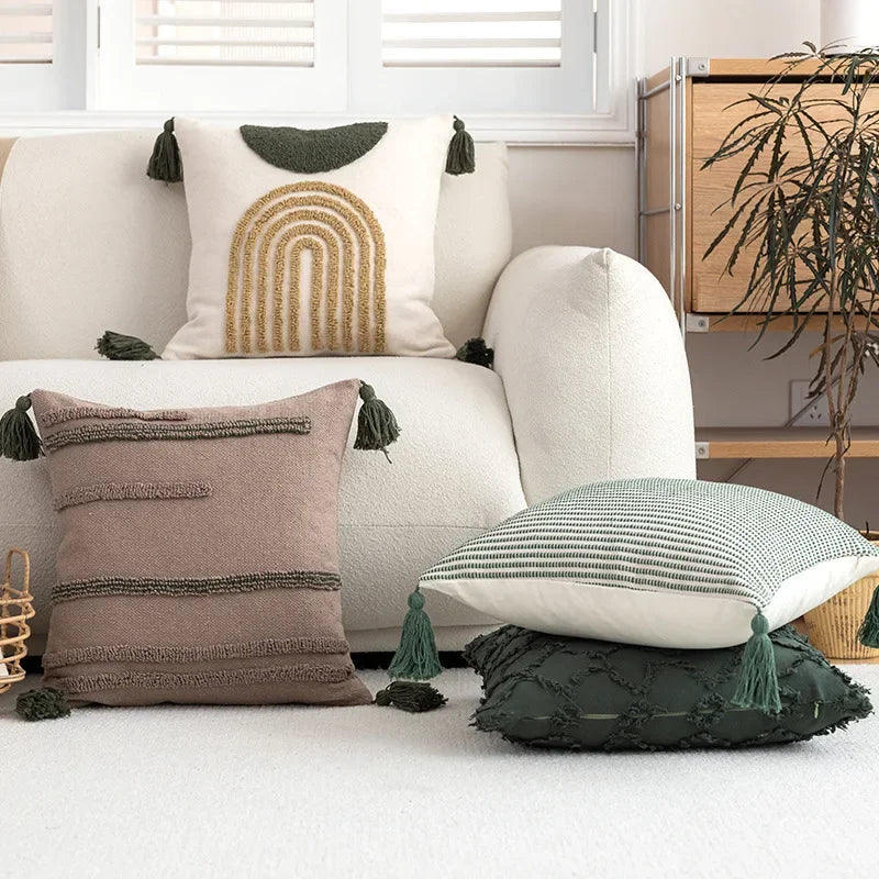 coussin boho chic brodé franges rayures marron vert blanc amovible lavable moderne maison voiture