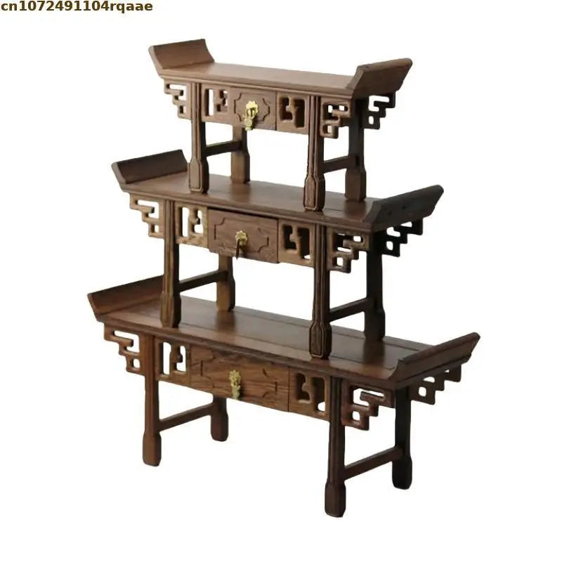 meuble bois chinois étagères sculptées pots fleurs figurine bouddha plante artificielle stand thé