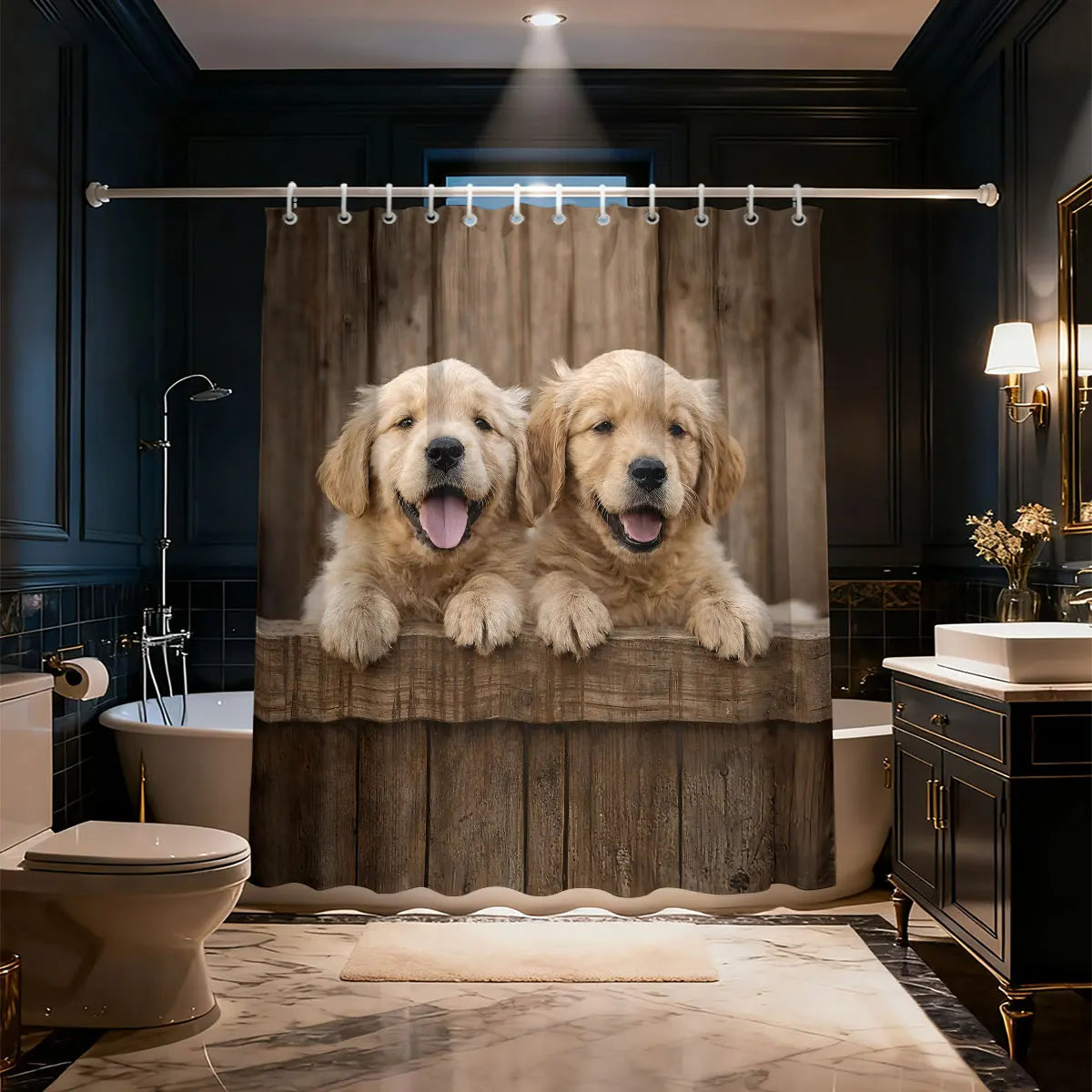 rideau douche rustique chiens fond bois opaque blanc marron clair classique 90x180cm