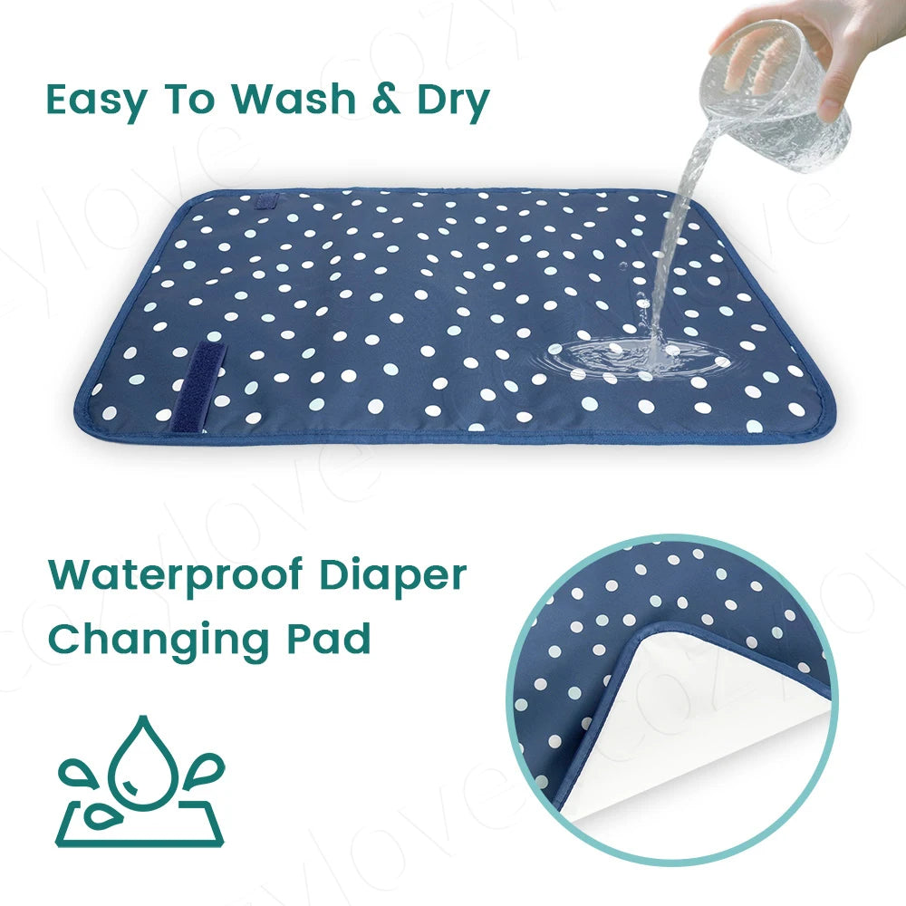 tapis changement bébé bleu marine points blancs moderne pratique imperméable réutilisable portable adhésif fixations