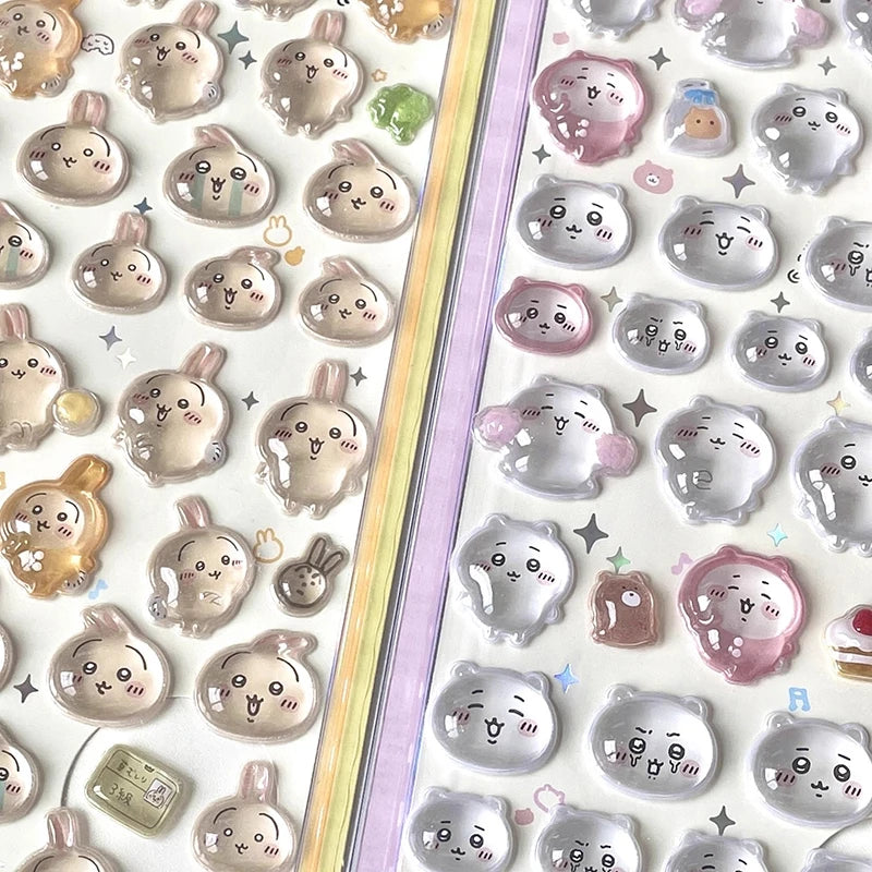 stickers 3d kawaii animaux mignons lapins chats blanc beige bleu rose vert clair jaune