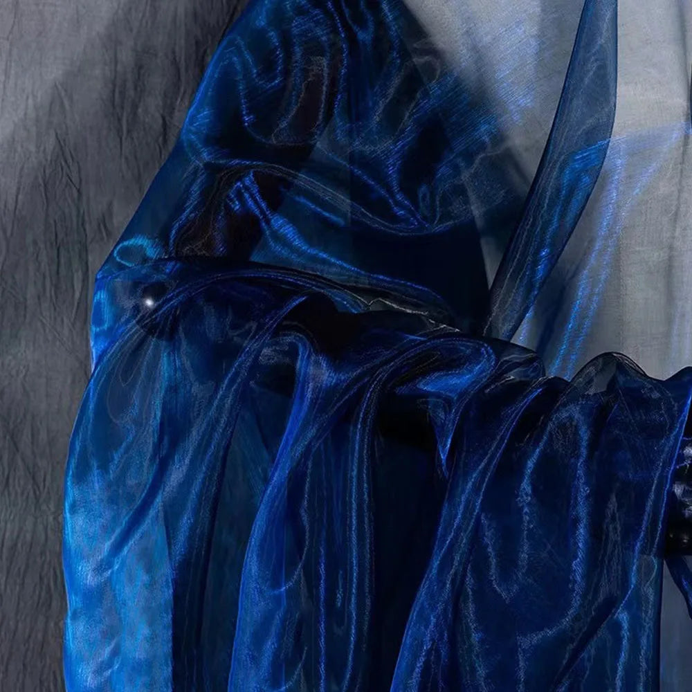 tissu gaze organza bicolore bleu rouge moderne mariage translucide rayures