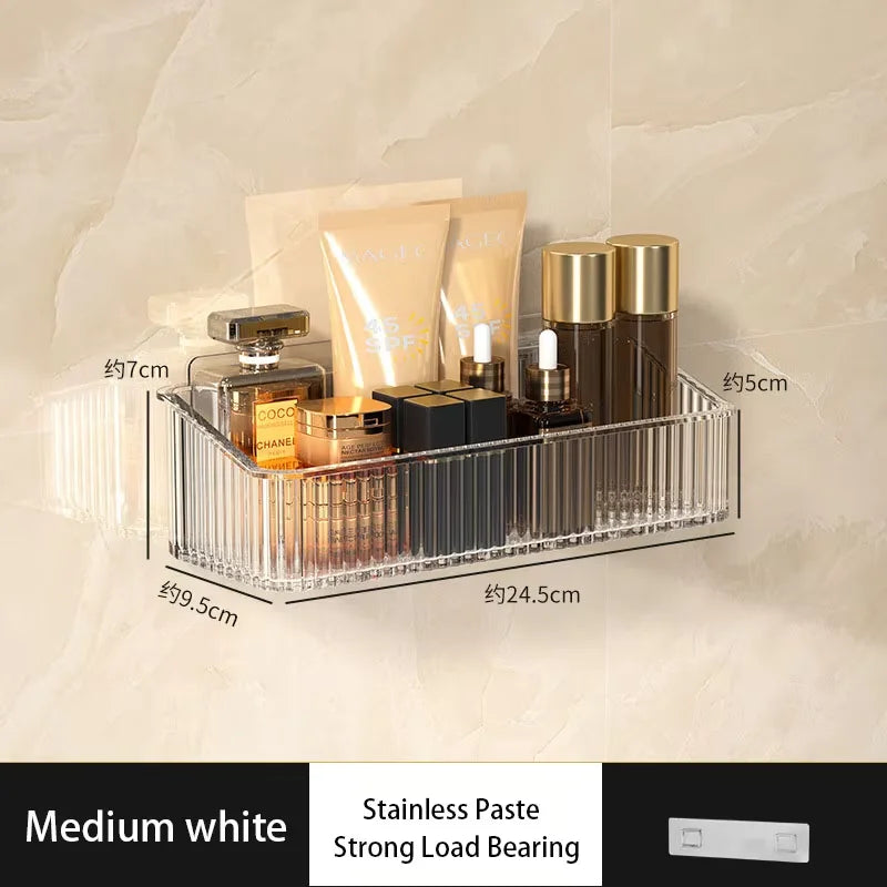 étagère rangement salle bain adhésive transparente rayures moderne cosmétiques blanc gris