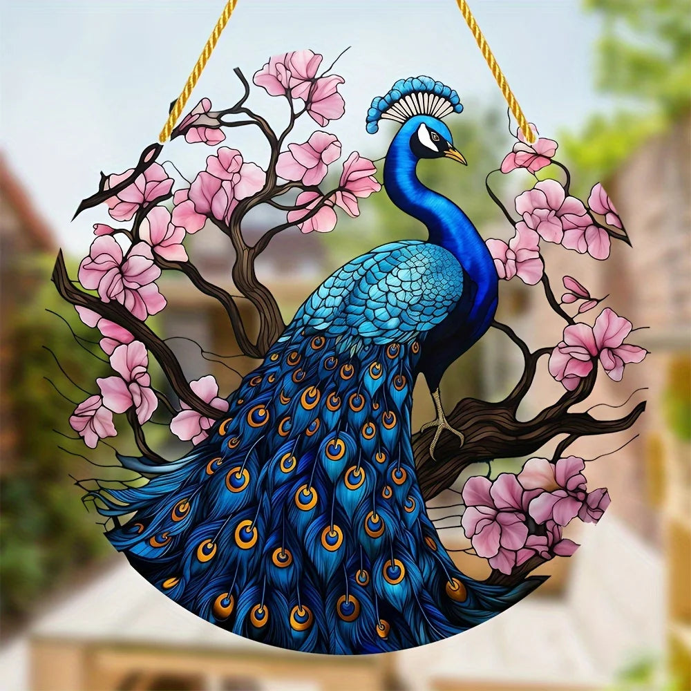 décoration suspendue paon plumes fleurs cerisier acrylique semi transparent artistique floralextérieurintérieur