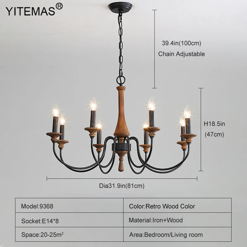 lustre bois vintage noir ampoules e14 cinq bras salon chambre coucher rustique